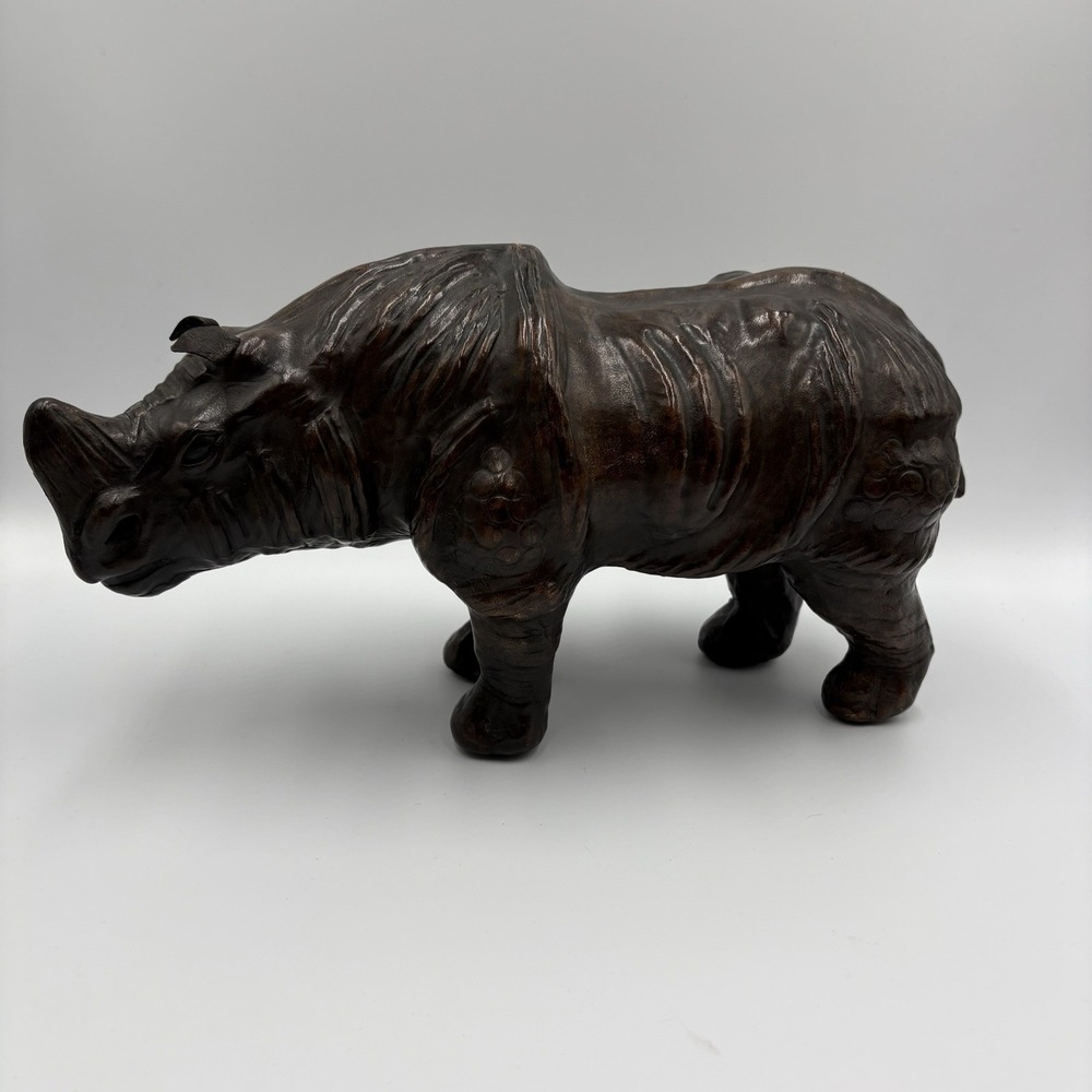 Vintage Leather Wrapped Embossed Rhinoceros Rhino Sculpture Figure Statue 12"